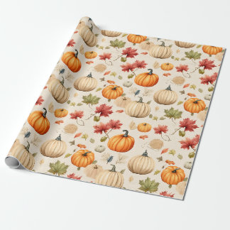 Papier Cadeau Citrouilles rustiques avec feuilles d'automne en a