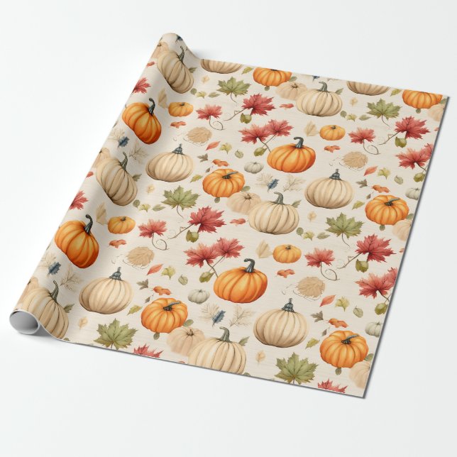 Papier Cadeau Citrouilles rustiques avec feuilles d'automne en a (Déroulé)