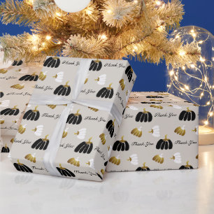 Papier Cadeau Citrouilles stylisées en noir blanc et or