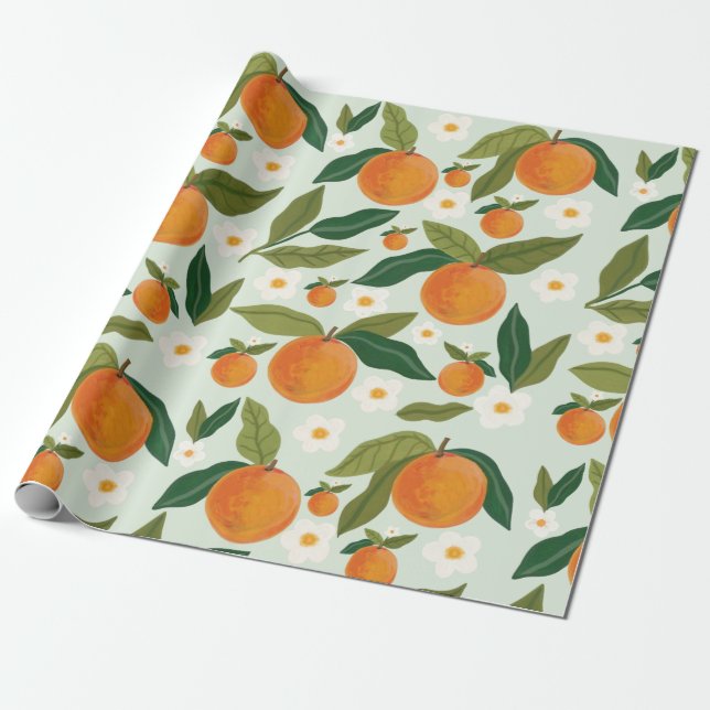 Papier Cadeau Citrus à fleurs orange Clementine (Déroulé)