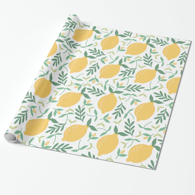 Papier Cadeau Citrus de citron jaune Motif de verdure estivale m (Déroulé)
