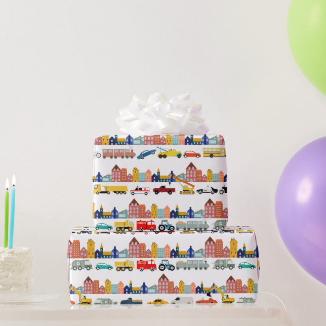 Papier Cadeau City Transportation Vehicles Trucks Cars Kids (Cadeaux de fête)