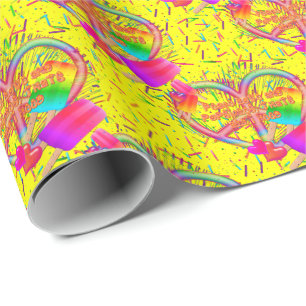 Papier Cadeau CKC-Peace, Love and Popsicle's, Yellow-Gift Wrap