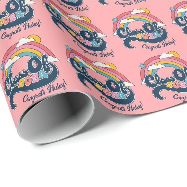 Papier Cadeau Classe de 2024 Custom Name Rainbow Wrapping Paper (Coin rond)