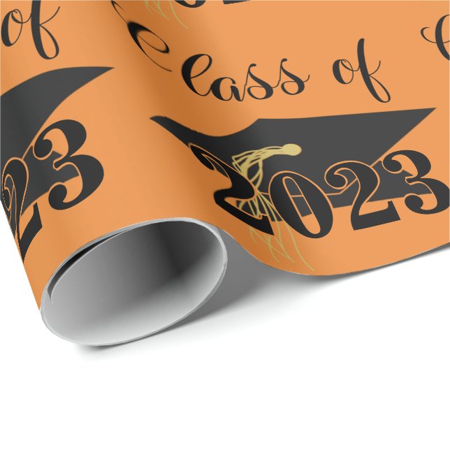 Papier Cadeau Classe de cap de graduation Année Orange Noir (Coin rond)