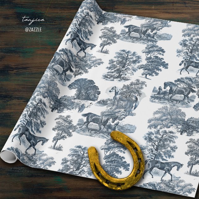 Papier Cadeau Classé Elegant Rustic Blue Horses Country Toile (Créateur téléchargé)