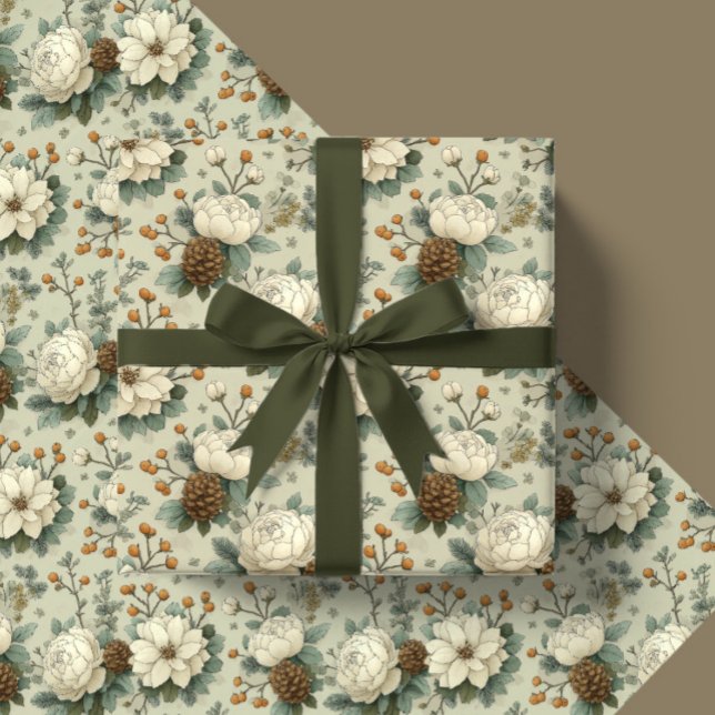 Papier Cadeau Classic Christmas Cream and Sage Green Floral Gift (Créateur téléchargé)