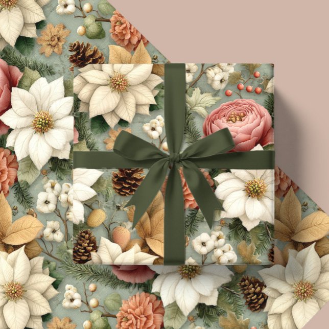 Papier Cadeau Classic Christmas Pink and Sage Green Floral Gift (Créateur téléchargé)