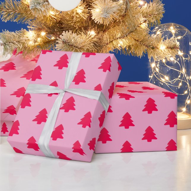 Papier Cadeau Classic Cute Hot Pink Christmas Trees on Pink (Vacances)