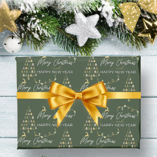 Papier Cadeau Classic Green Doodle Christmas Tree Reindeer Stars