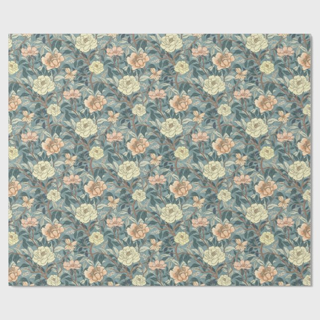Papier Cadeau Classic Heirloom Flowers on Dusty Teal (Plat)