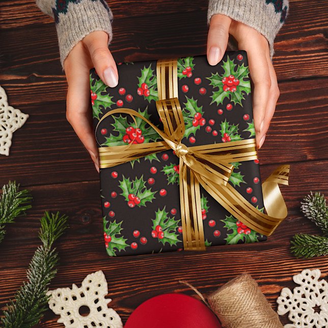 Papier Cadeau Classic Holiday Green Holly Red Berries Motif (Créateur téléchargé)