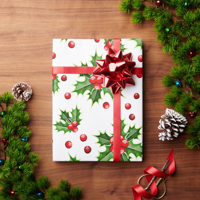 Papier Cadeau Classic Holiday Holly Tree Feuilles Berries Motif (Cadeau de vacances)