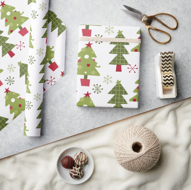 Papier Cadeau Classic mignon Arbres de Noël Vert Blanc Rouge (Artisanat)