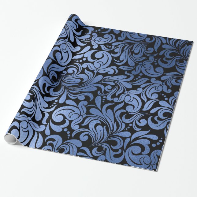Papier Cadeau Classic Navy Blue Metal Foil Swirls Damask (Déroulé)