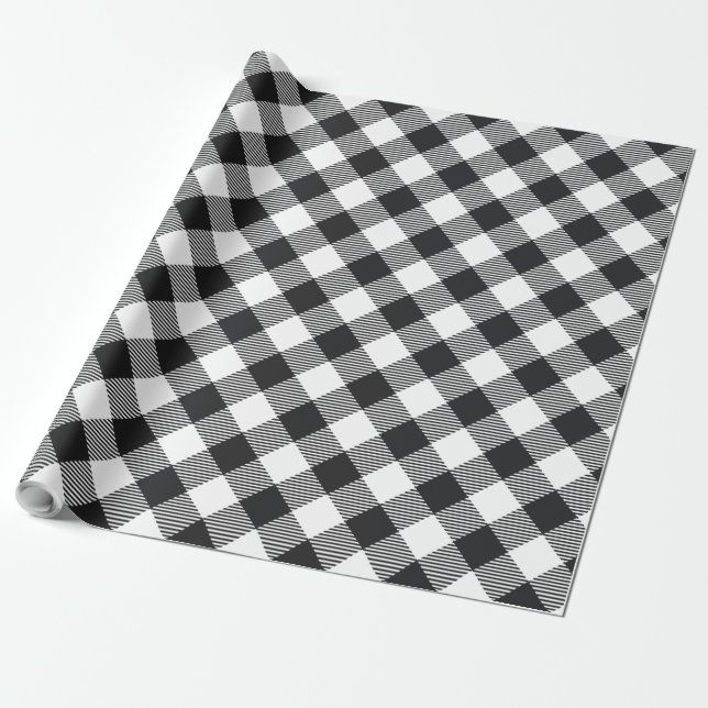 Papier Cadeau Classic Plaid Black White Check Holiday (Déroulé)