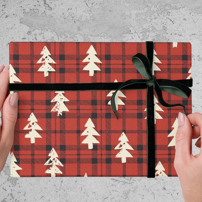 Papier Cadeau Classic Red Tartan Plaid Christmas Pine Trees (Créateur téléchargé)