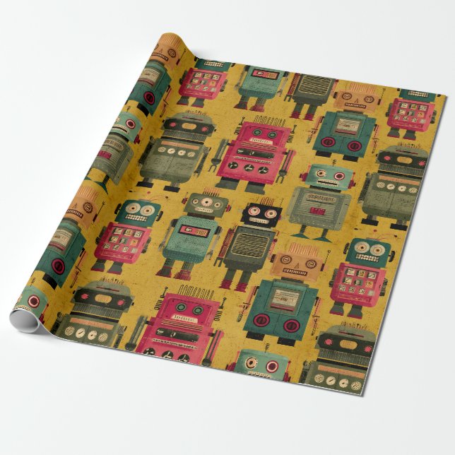 Papier Cadeau Classic Retro Robot Pattern Wrapping Paper (Déroulé)