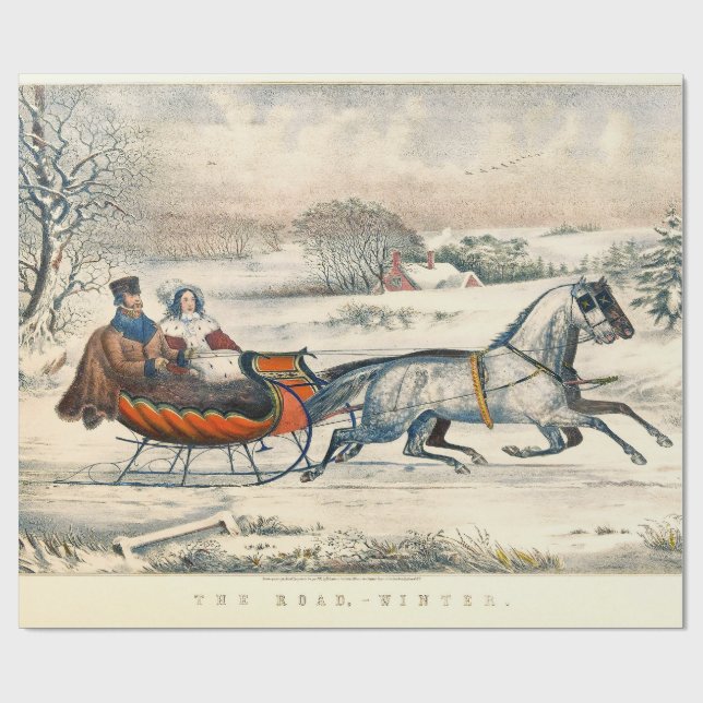 Papier Cadeau Classique 1853 Promenade en traîneau Currier Ives  (Plat)