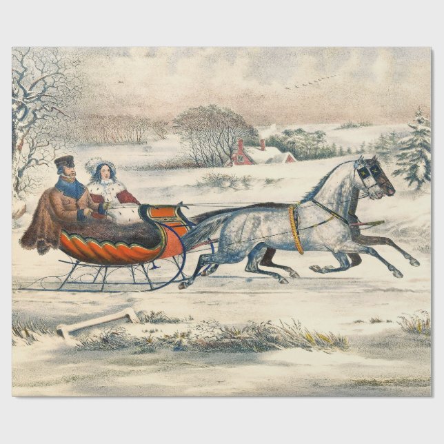 Papier Cadeau Classique 1853 Promenade en traîneau Currier Ives  (Plat)