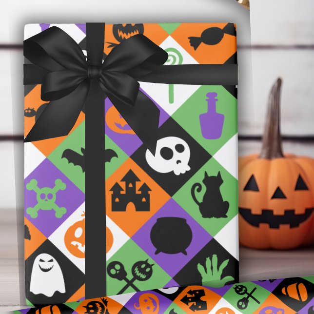 Papier Cadeau Classique Orange, Vert Et Violet Halloween Thémati (Classic Orange, Green And Purple Halloween Themed Wrapping Paper)