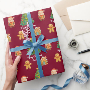 Papier Cadeau Classique Santa Pain d'épice Bourgogne Noël