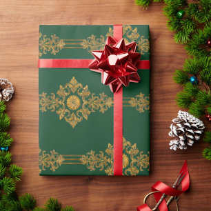 Papier Cadeau Classique vert forêt médaillon rayé or
