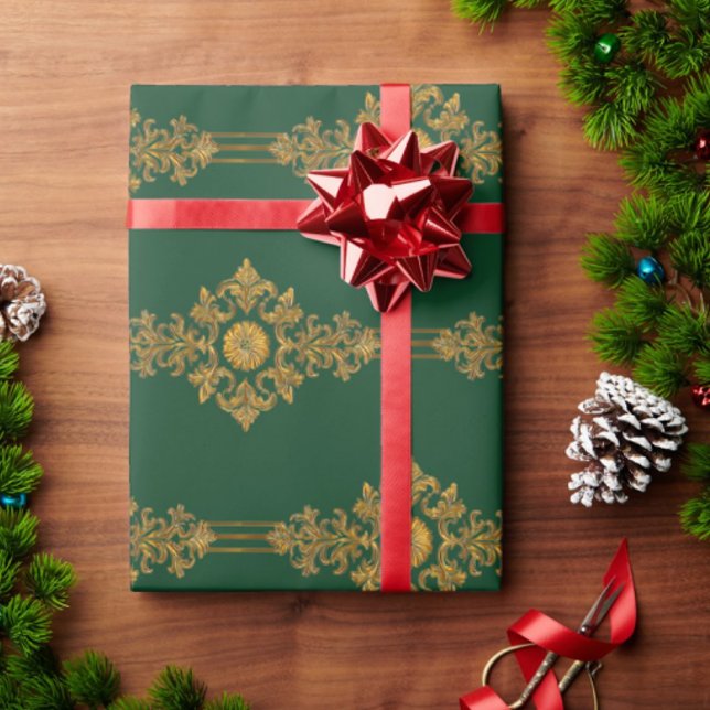 Papier Cadeau Classique vert forêt médaillon rayé or  (Forest green with gold color medallions)