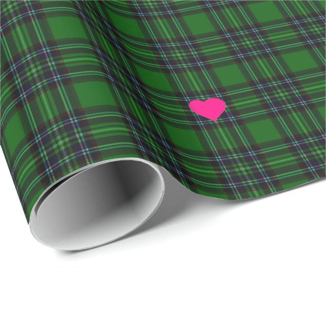 Papier Cadeau Classique vert tartan noir Plaid coeur rose accent (Coin rond)