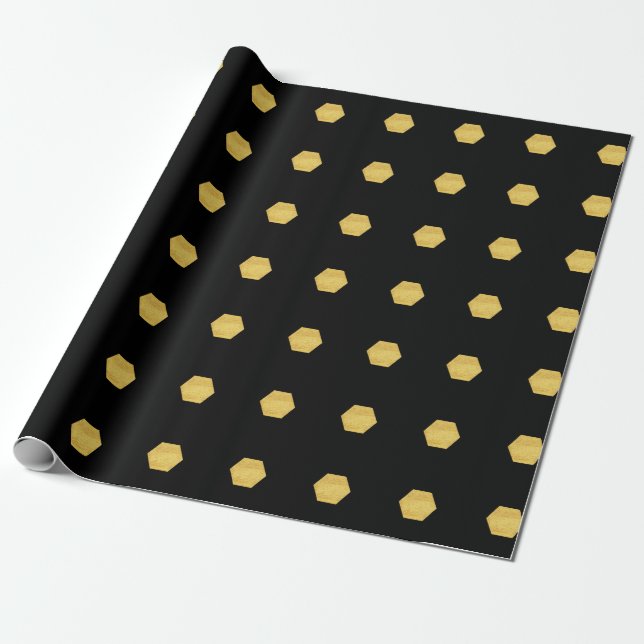 Papier Cadeau Classy Matte Gold Hexagons Motif sur Noir (Déroulé)