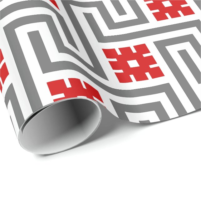 Papier Cadeau Clé de Deco, rouge, blanc grecs et gris/gris (Coin rond)