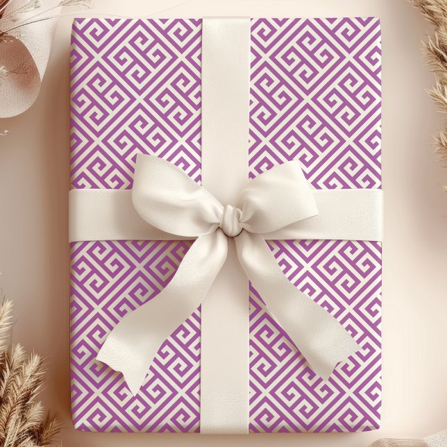 Papier Cadeau Clé grecque chic violet et blanc labyrinthe (Créateur téléchargé)