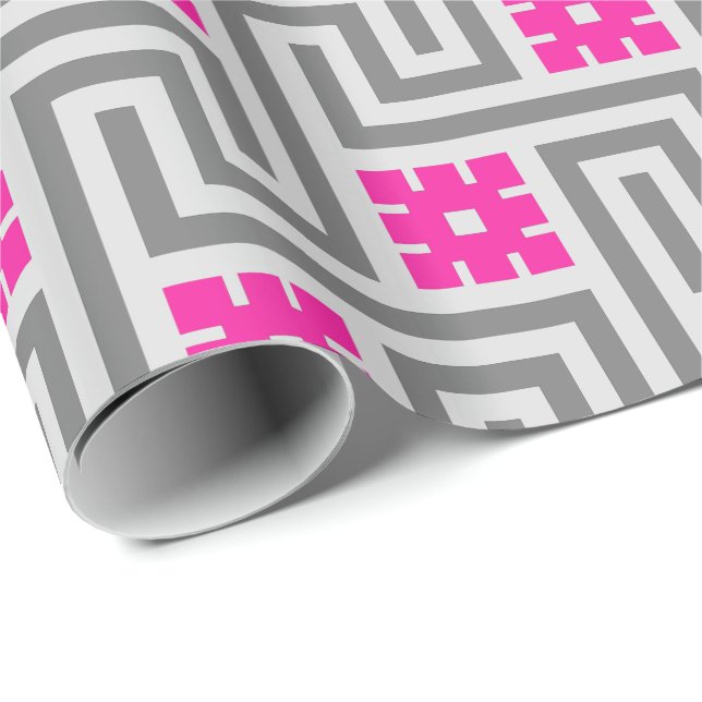Papier Cadeau Clé grecque déco, gris et rose fuchsia (Coin rond)
