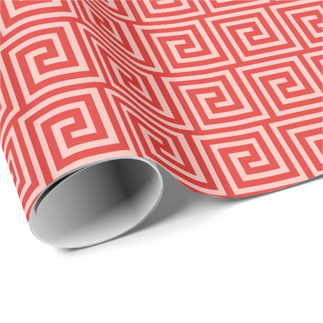 Papier Cadeau Clé grecque, nuances de corail rose (Coin rond)