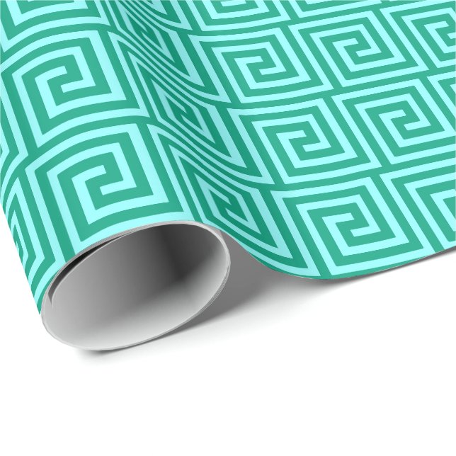 Papier Cadeau Clé grecque, turquoise et aqua (Coin rond)