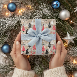 Papier Cadeau Clipart de Noël rustique avec arbres et flocons de