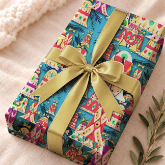 Papier Cadeau Cloche de Noël Bleue Vintage Nostalgique