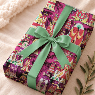 Papier Cadeau Cloche de Noël Rose Rétro Vintage