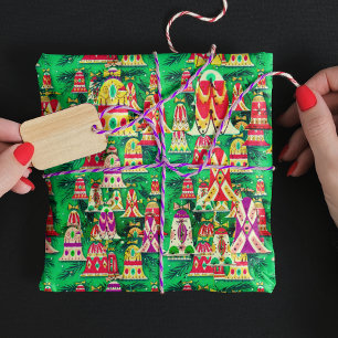 Papier Cadeau Cloches colorées rétro vintages et vertes de Noël