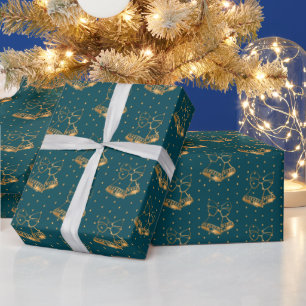 Papier Cadeau Cloches de Noël en or et en bleu Turquoise