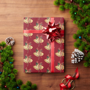 Papier Cadeau Cloches de Noël en or sur fond rouge
