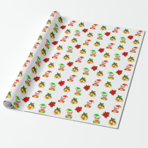 Papier Cadeau cloches de Noël, poinsettia et décoration de lutin