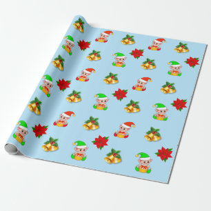 Papier Cadeau cloches de Noël, poinsettia et décoration de lutin