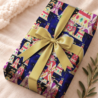 Papier Cadeau Cloches de Noël Rétro Vintage Navy Festives