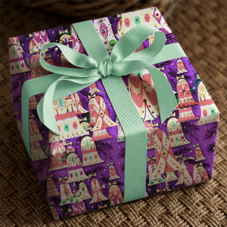 Papier Cadeau Cloches de Noël rétro violet festif