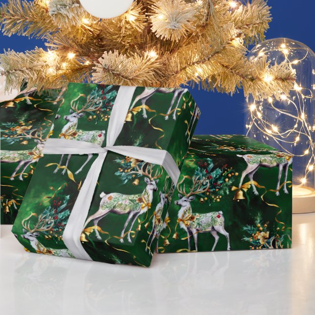 Papier Cadeau Cloches et rennes d'or de Noël classiques (Vacances)