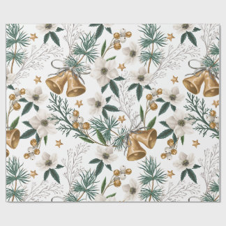 Papier Cadeau Clochettes dorées élégantes et motif floral blanc