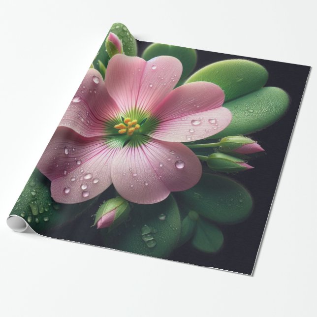 Papier Cadeau Clover Floral rose et vert Oxalis (Déroulé)