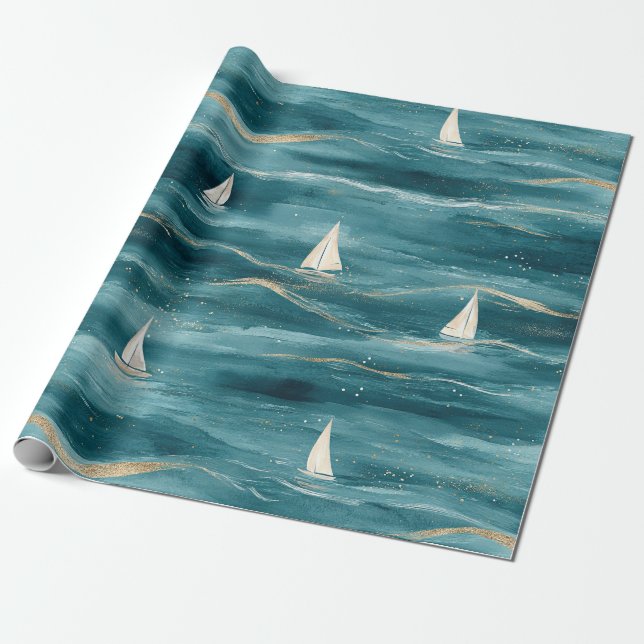 Papier Cadeau Coastal Sailboat Waves Nautical Pattern (3) (Déroulé)