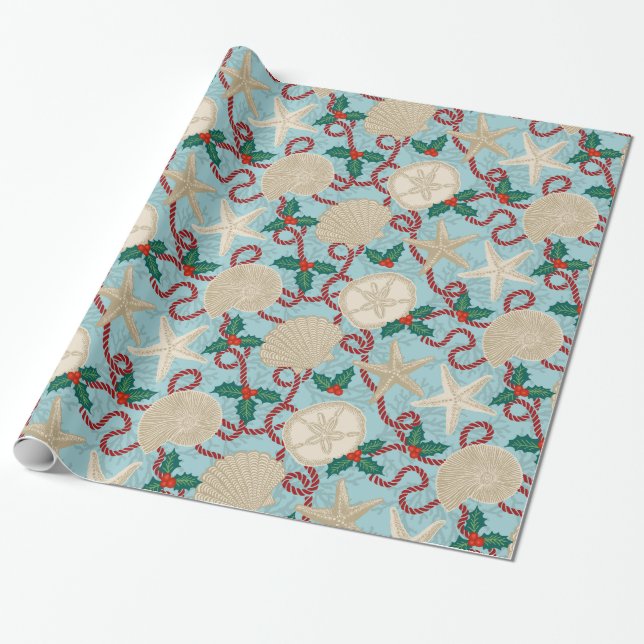Papier Cadeau Coastère de Noël Coques de mer tropicale - Aqua (Déroulé)